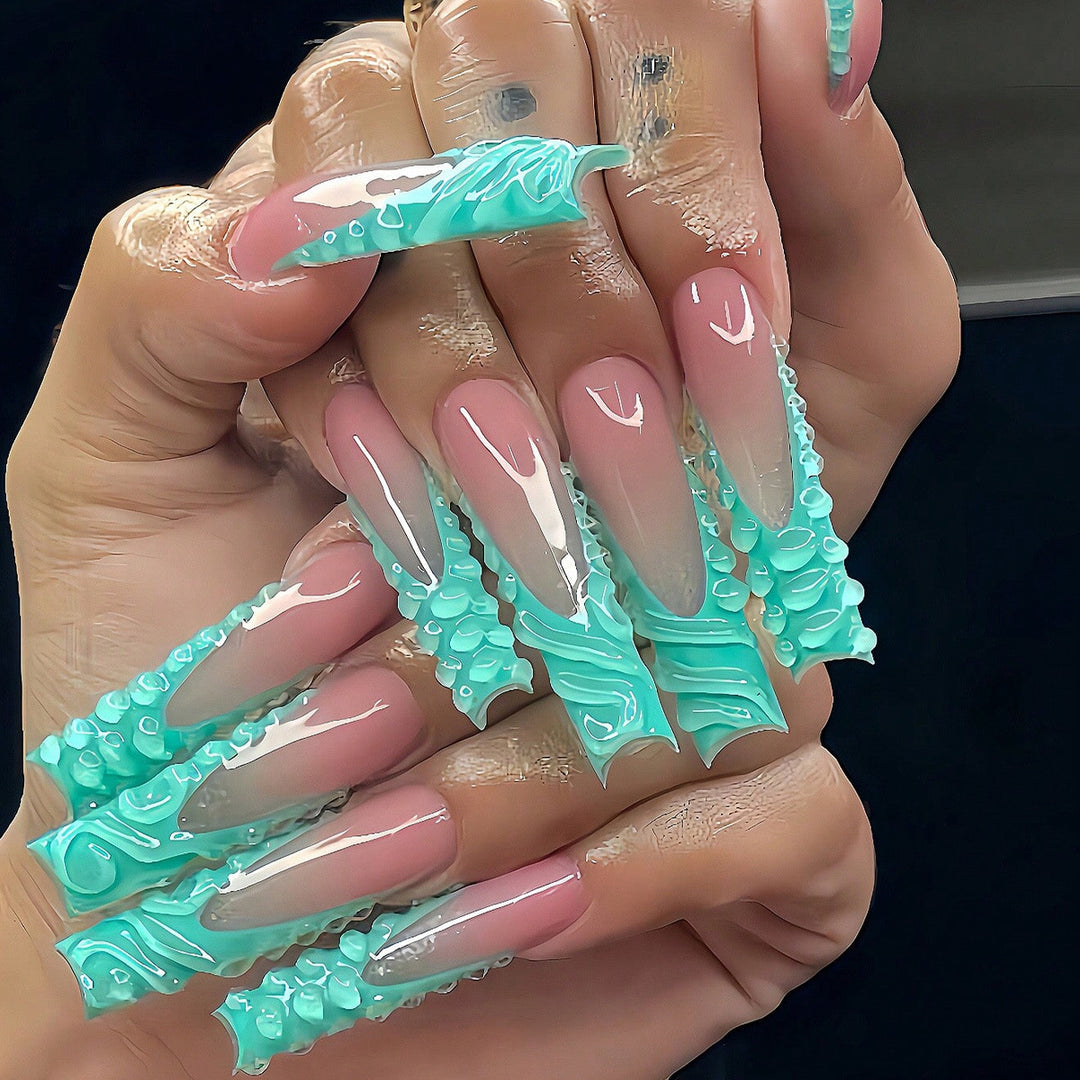 Artistic Long Press-On Nail Art Set with Textured Design Bowlift
