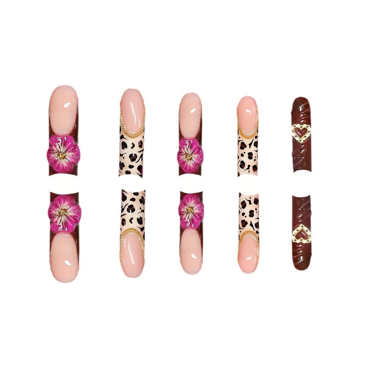 Decorative Long Acrylic Press-On Nail Art with Floral and Leopard Designs Bowlift