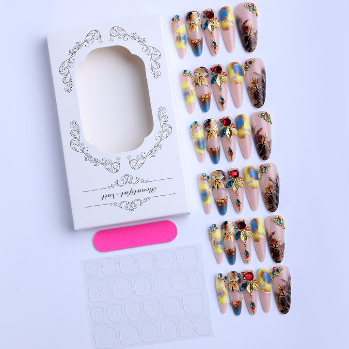 Artificial nails with luxurious 3D decorations and colorful leaf patterns Bowlift