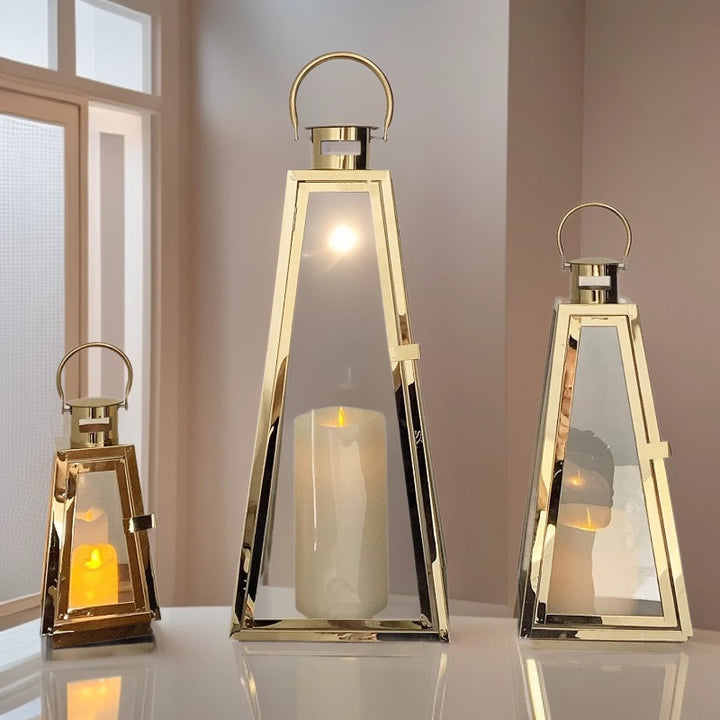 Modern Triangular Glass Candle Lantern Set with Gold Metal Frame Bowlift