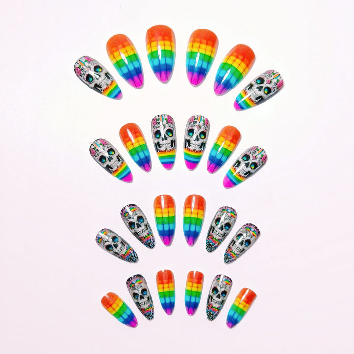 Creative artificial nails with skull design and rainbow colors Bowlift
