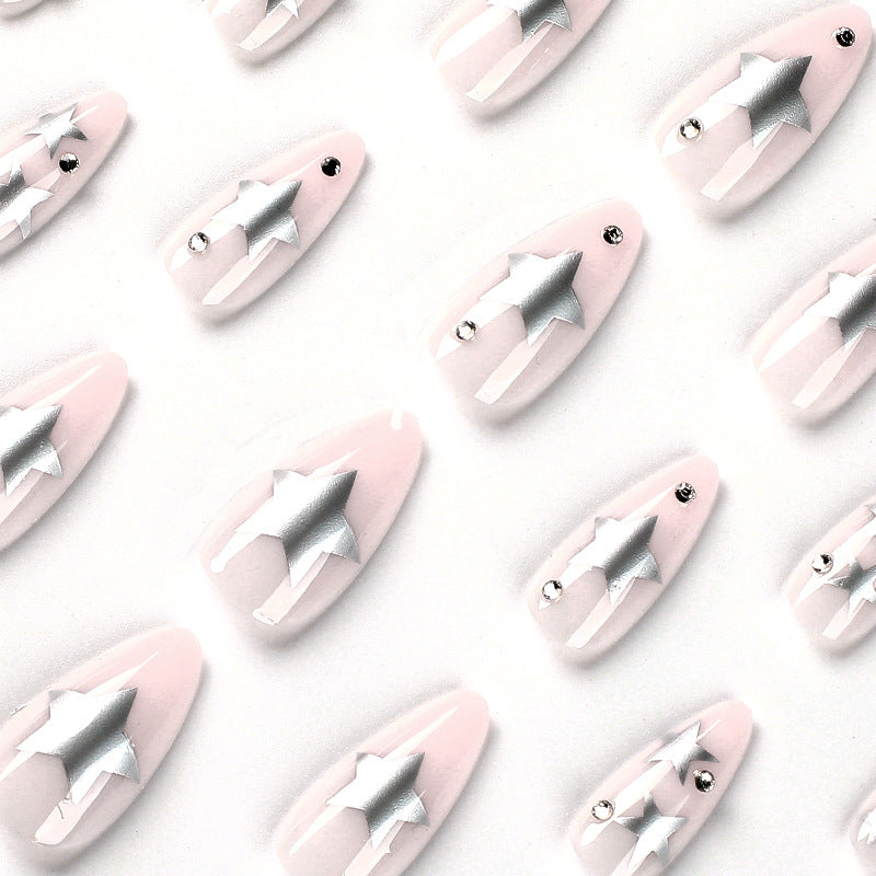 Artistic Nail Extensions with Silver Star Design Bowlift
