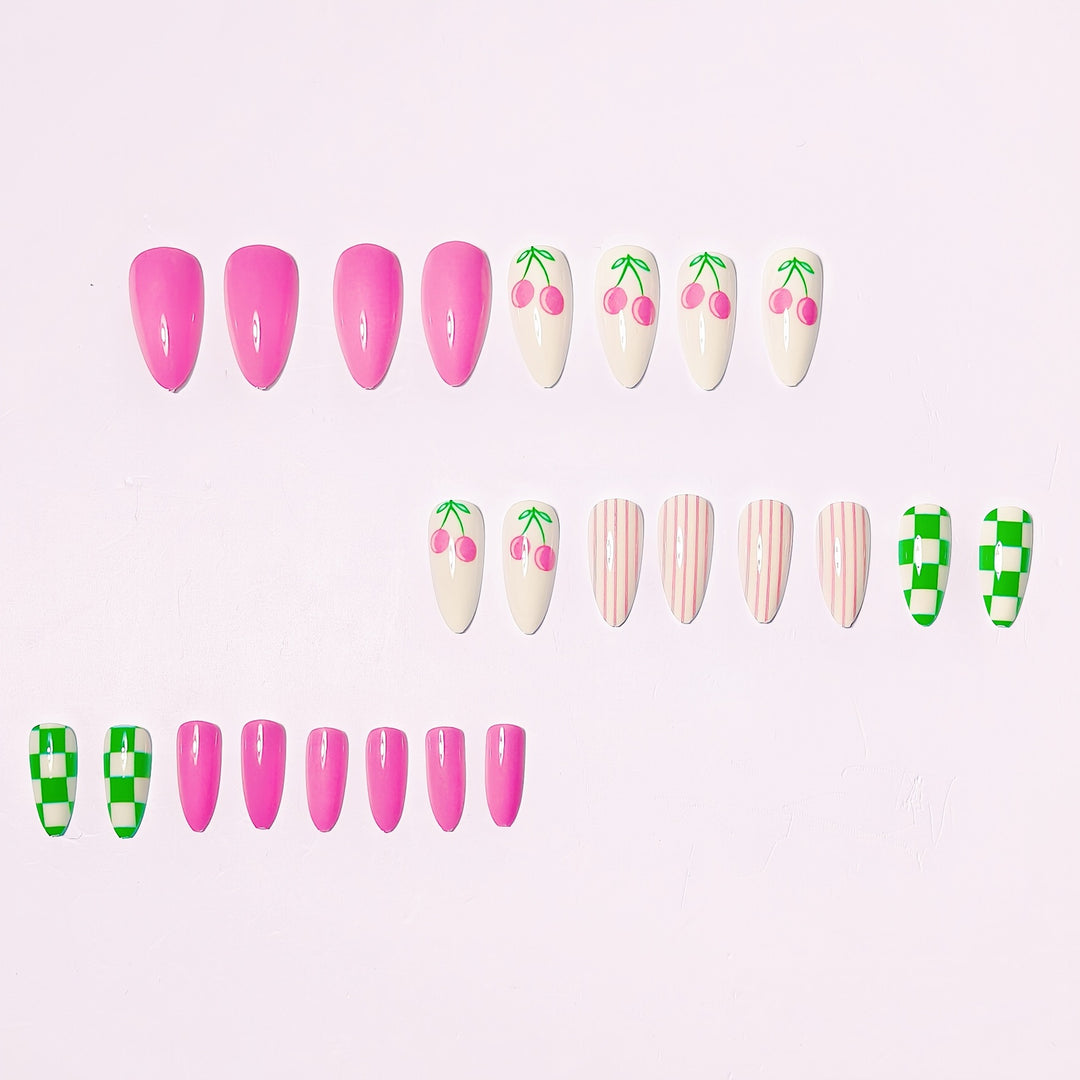 Artificial nails with fruity cherry design and striking colors Bowlift
