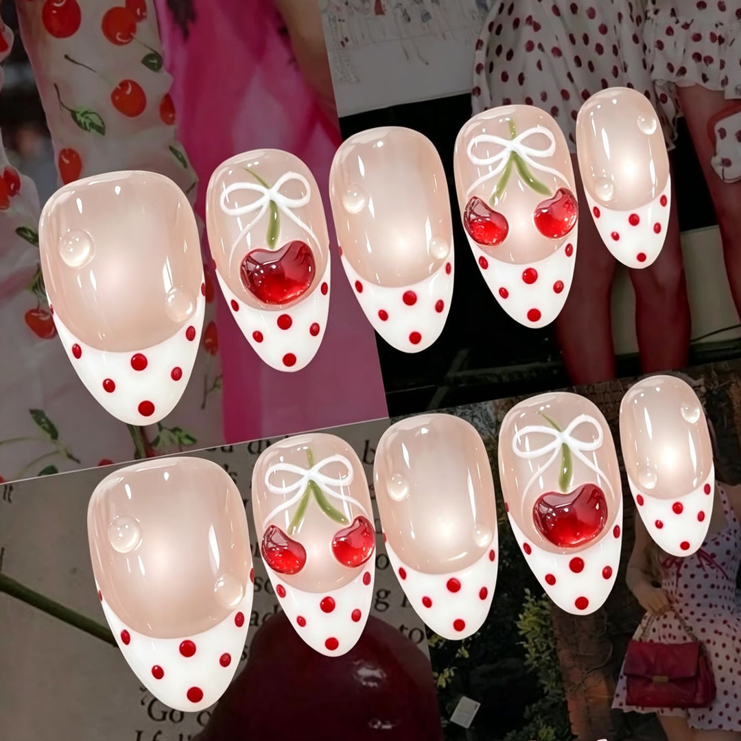 Charming Cherry-Themed Press-On Nail Set Bowlift