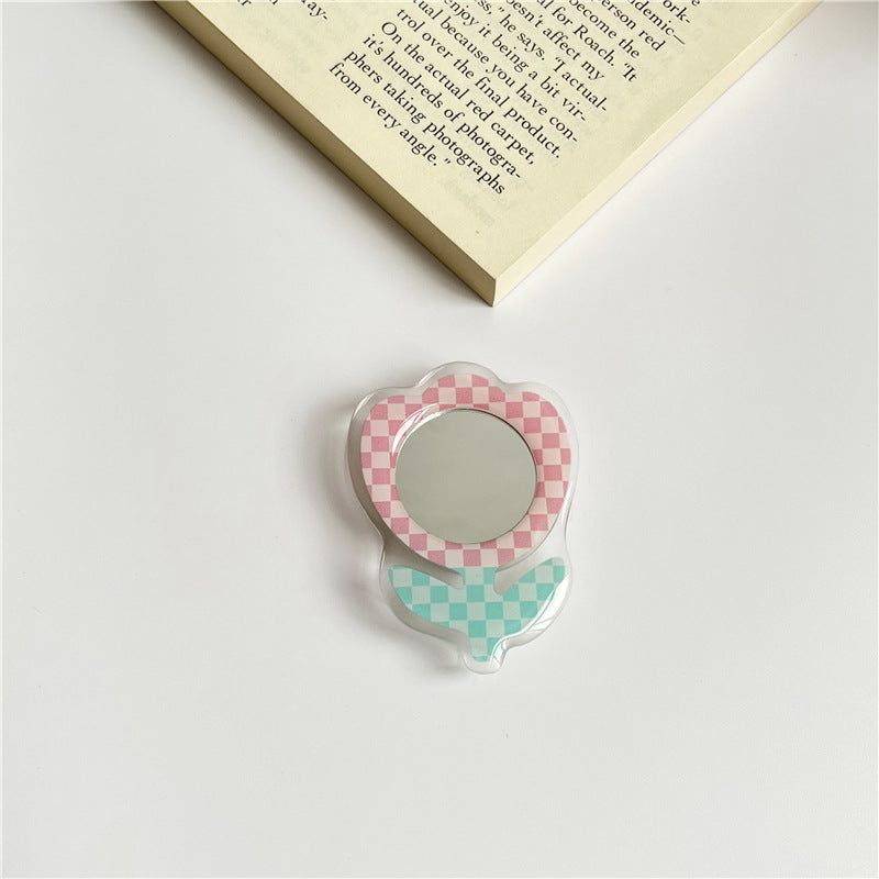 Portable Flower-Shaped Compact Mirror With Acrylic Checkered Frame