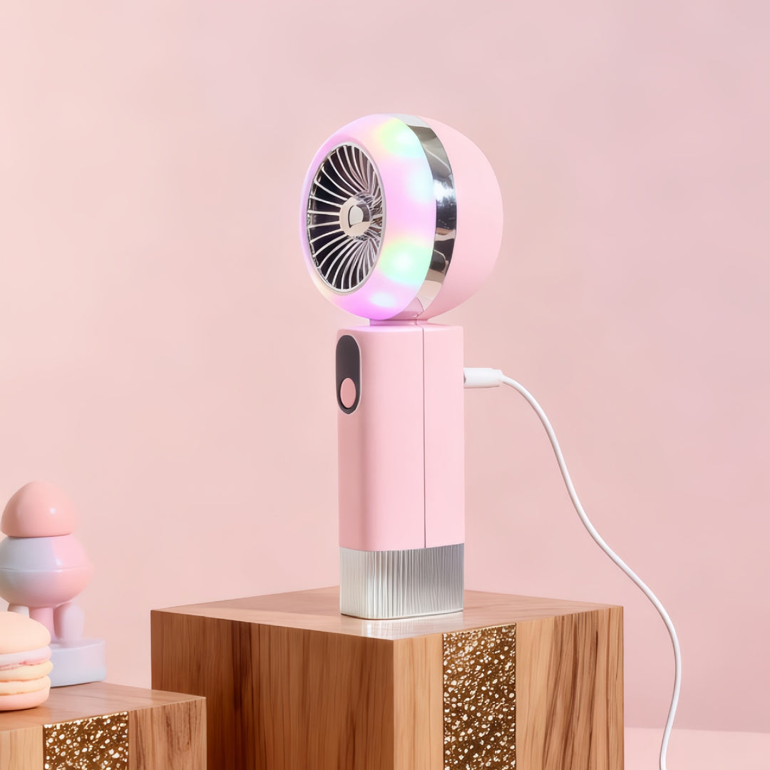 Ladies portable mini hand fan with LED light and digital control Bowlift
