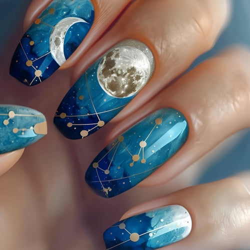 Dreamy artificial nails with moon and star design Bowlift