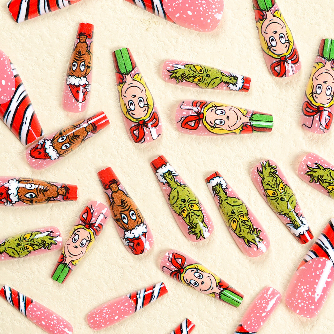 Artificial nail set with festive motifs and charming Grinch design Bowlift