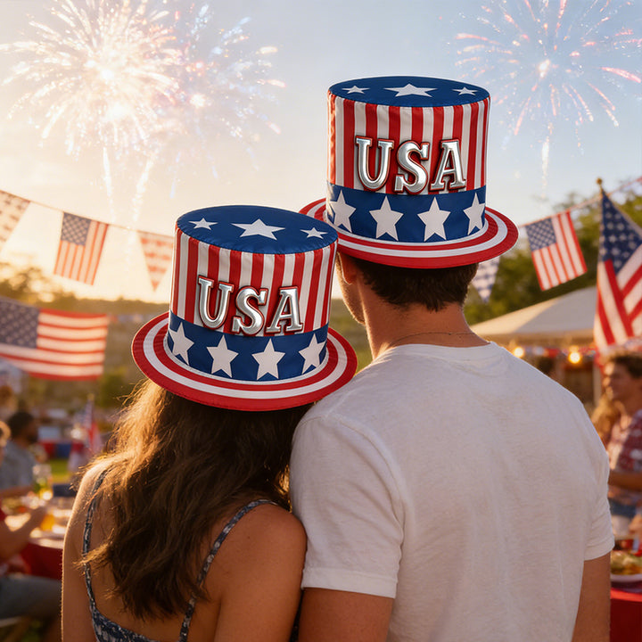 Unisex nan patriotic novelty tall top hat with star-printed band and striped brim Bowlift