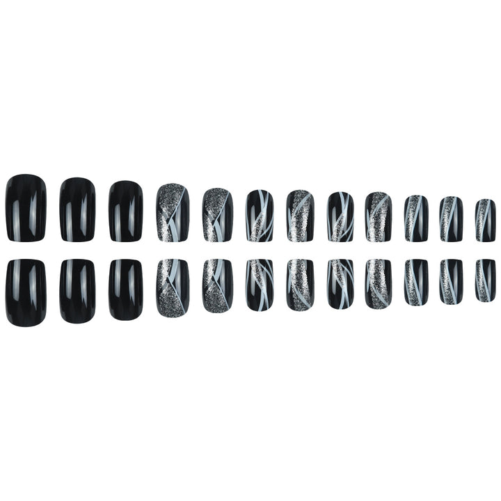 Stylish Press-On Nail Art with Glitter and Geometric Design Bowlift