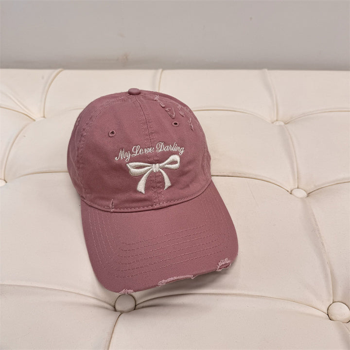 Women's Distressed Cotton Baseball Cap with Bow Embroidery Bowlift