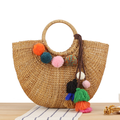 Straw handbag with colorful tassels and pom poms Bowlift