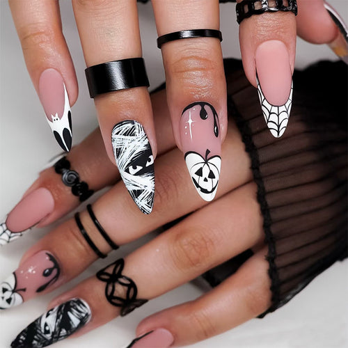 Artistic Halloween-Themed Press-On Nail Art Set Bowlift