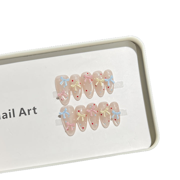 Decorative Press-On Nail Set with Charming Bow and Dots Bowlift