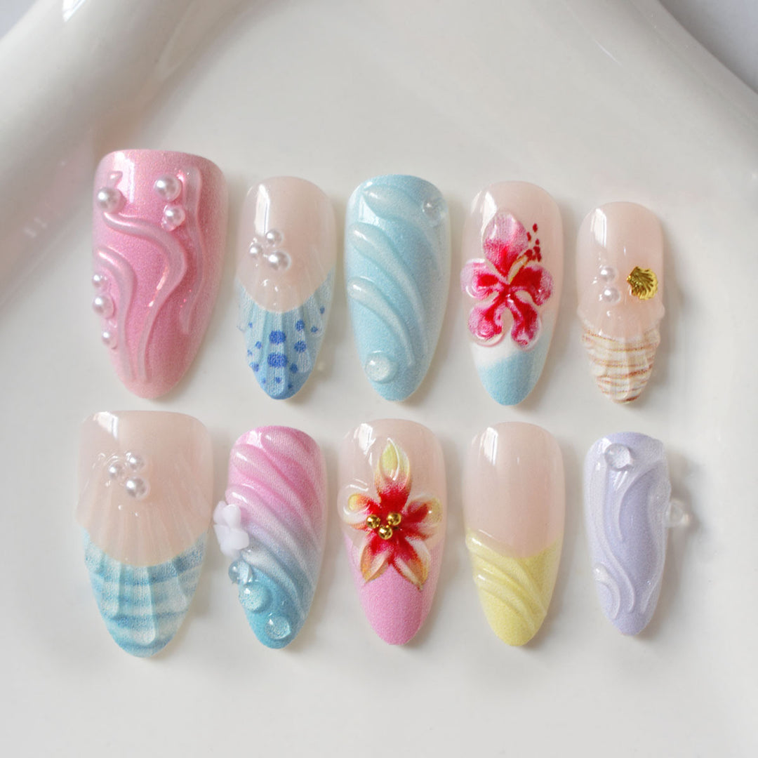 Decorative 3D Floral and Shell Press-On Nail Art Bowlift