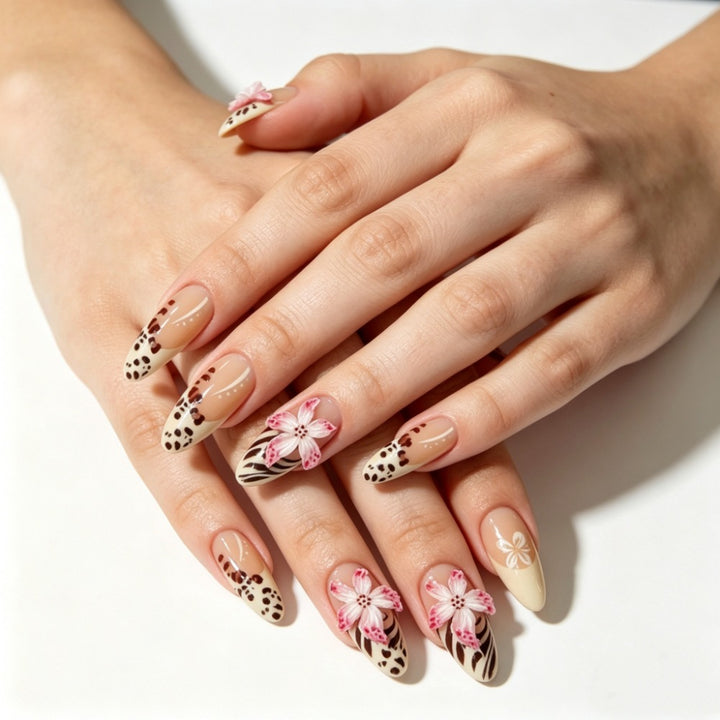 Artificial nails with floral design and elegant lace look Bowlift