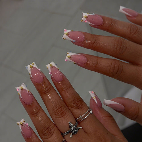 Elegant artificial nail set with floral design and rhinestone accents Bowlift