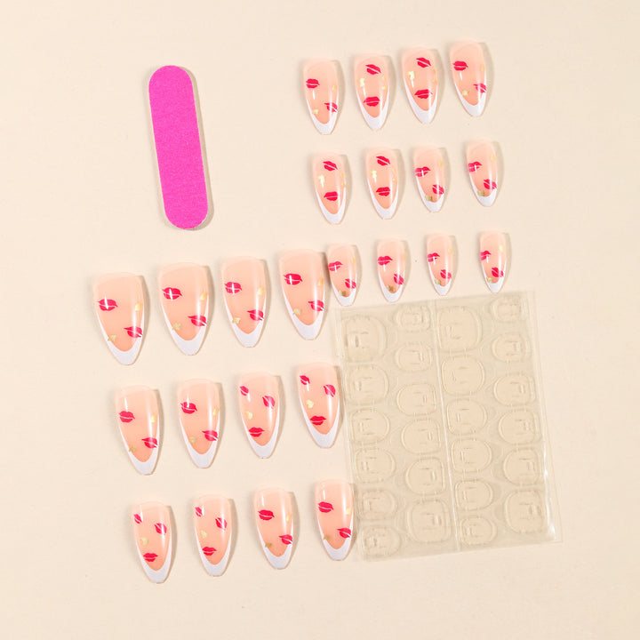 Elegant Kiss Print French Tip Nail Art Extensions Bowlift