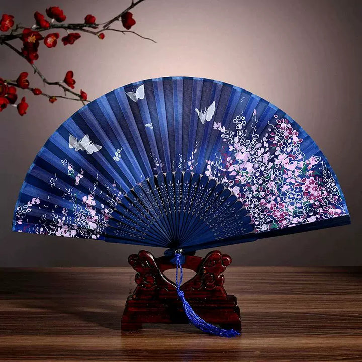 Ladies one size elegant silk folding fan with floral butterfly design and tassel Bowlift