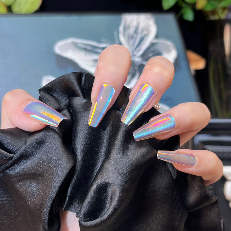 Iridescent Long Press-On Nails with Glossy Finish Bowlift