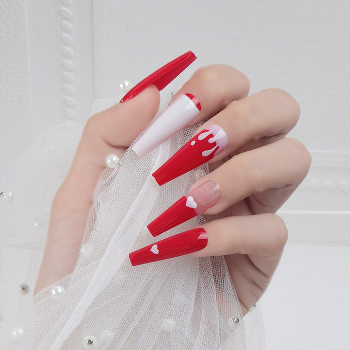 Artistic Long Stiletto Press-On Nails with Heart and Drip Design Bowlift