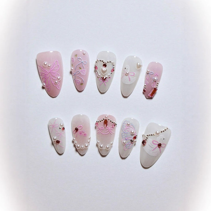 Decorative 3D Bow and Pearl Press-On Nail Art Bowlift
