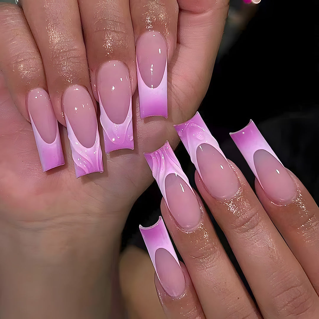 Elegant Long Acrylic Press-On Nail Set with Artistic Ombré Design Bowlift