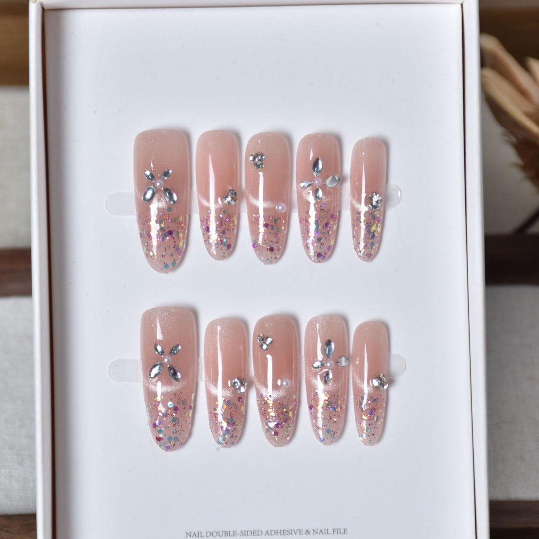 Elegant Glitter-Infused Press-On Nail Design Bowlift