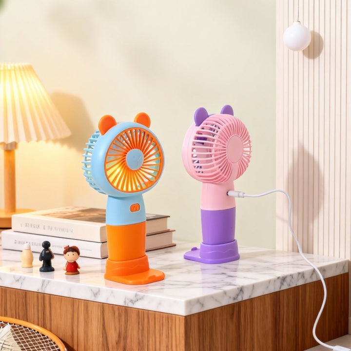 Ladies portable hand fan with LED light and creative animal ears bowlift