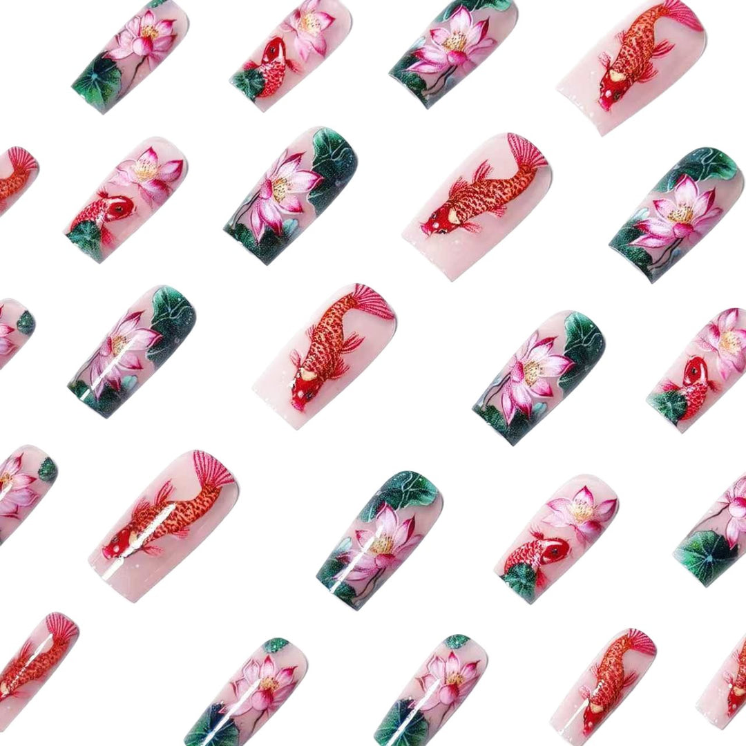 Artificial nails with floral lotus elements and koi pattern Bowlift