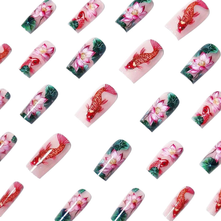 Artificial nails with floral lotus elements and koi pattern Bowlift