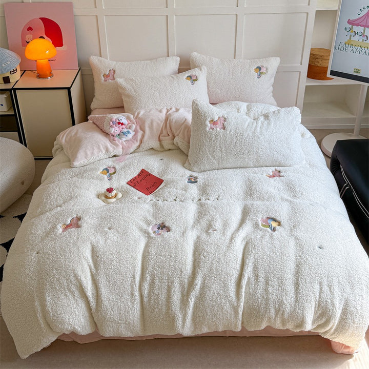 Plush Sherpa Bunny Embroidered Duvet Comforter Set