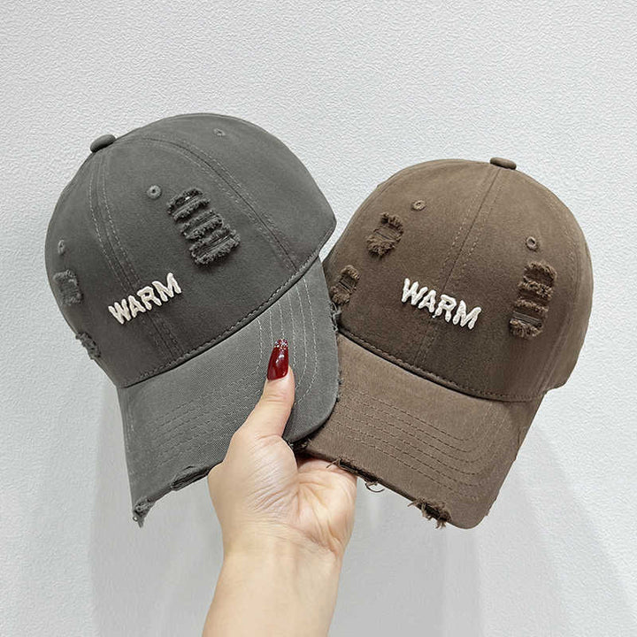 Women's Distressed Cotton Cap with Embroidered Message Bowlift