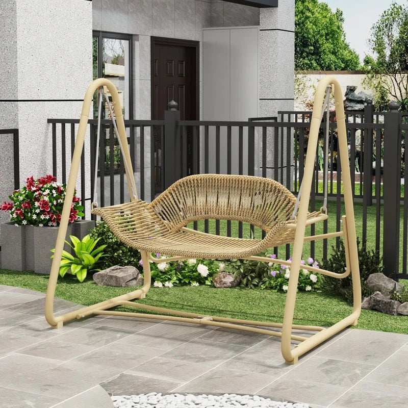 Woven rattan outdoor swing loveseat with padded cushions and powder-coated steel frame Bowlift