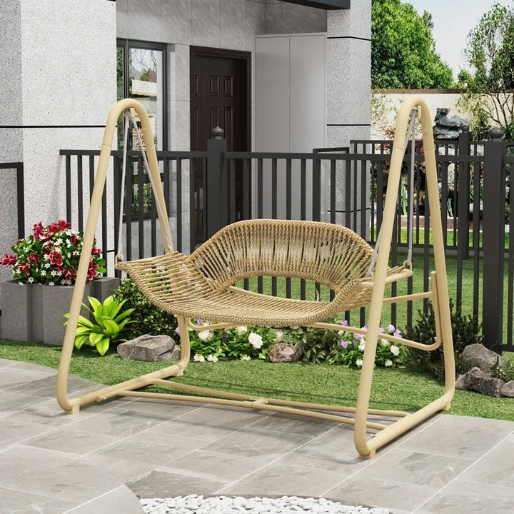 Woven rattan outdoor swing loveseat with padded cushions and powder-coated steel frame Bowlift