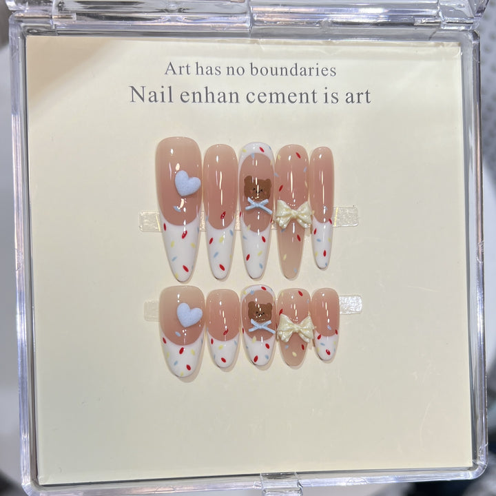 Decorative Stiletto Press-On Nail Art Set with Cute Character Accents Bowlift