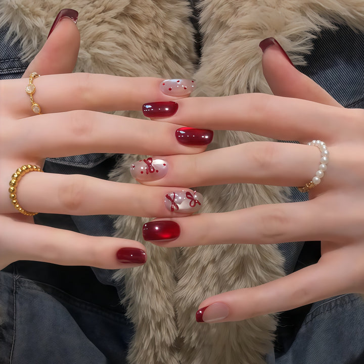 Elegant Artificial Nail Set with Decorative Bow Accents Bowlift