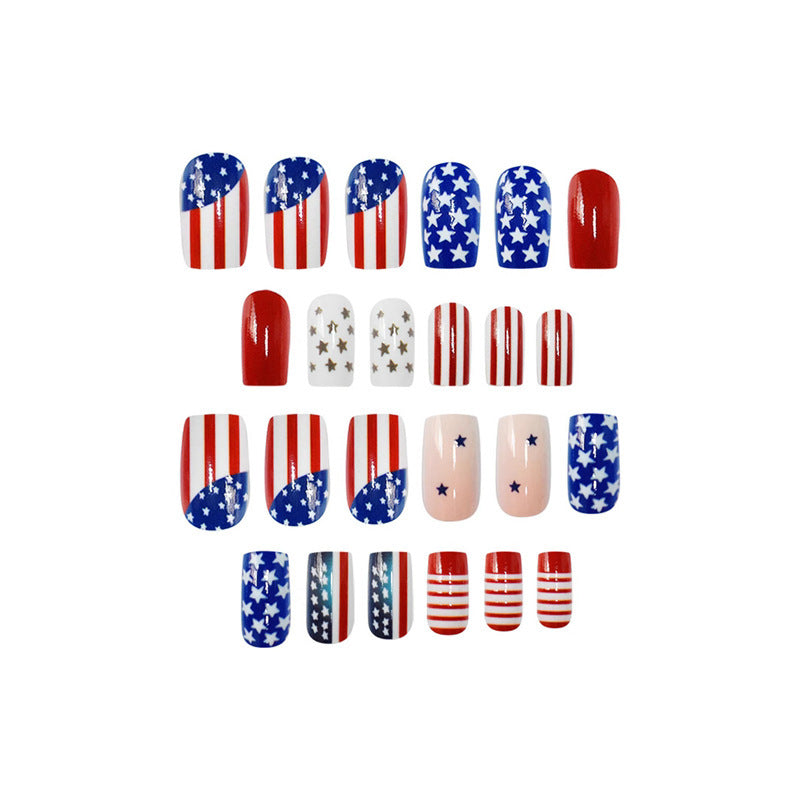 Women's nan patriotic press-on manicure set with mixed star and stripe coffin and square artificial nails Bowlift