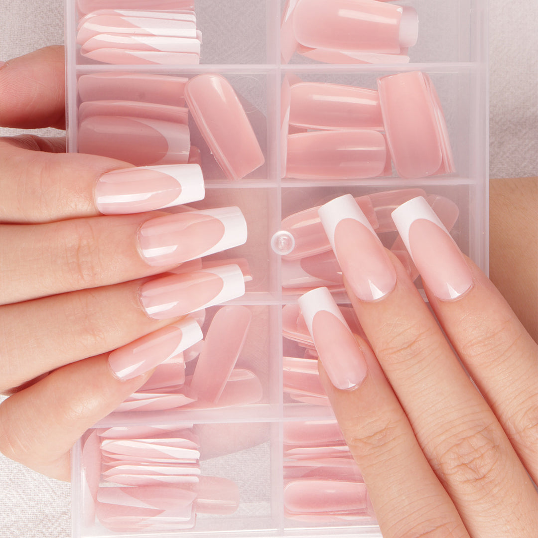Premium Long-Length French Tip Press-On Nail Set Bowlift