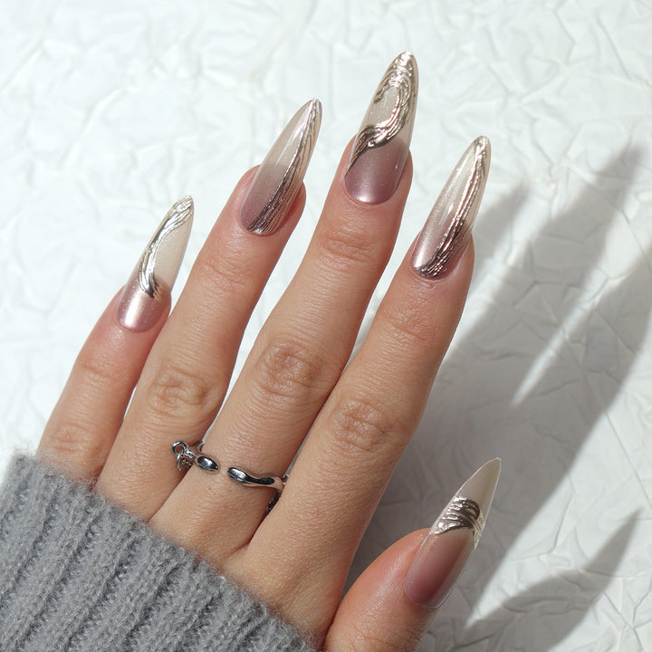 Elegant Long Stiletto Press-On Nails with Metallic Finish Bowlift