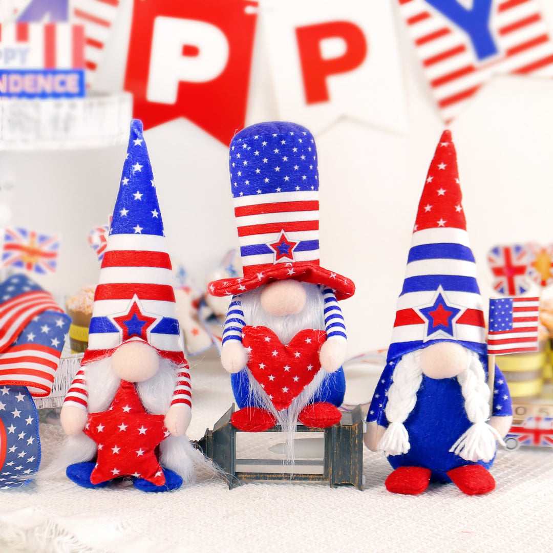 Unisex nan Patriotic Americana Decorative Gnome Plush Set with Star-Spangled Hats Bowlift