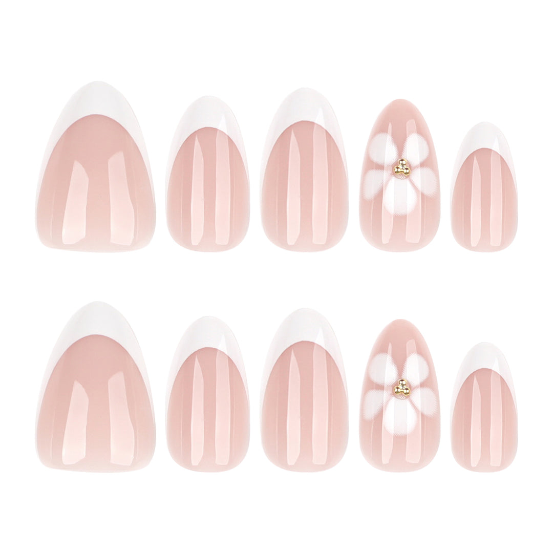 Artful nail extensions with flower design and elegant French tips Bowlift