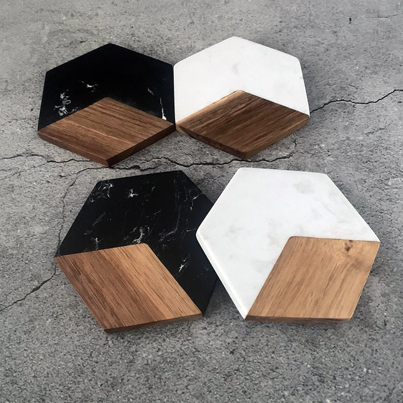 Marble pattern and acacia wood serving coaster board with rounded corners Bowlift