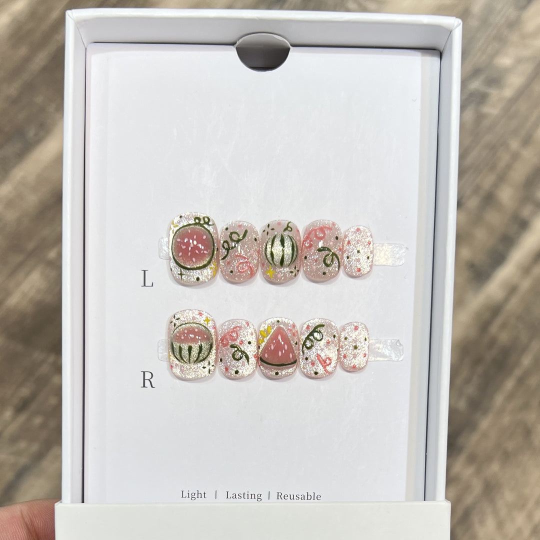 Artistic Press-On Nail Art Set with Watermelon Theme Bowlift