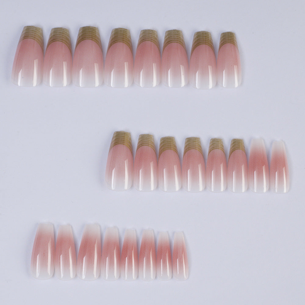 Acrylic Nail Set with Elegant Ombre Design and Golden Accents Bowlift