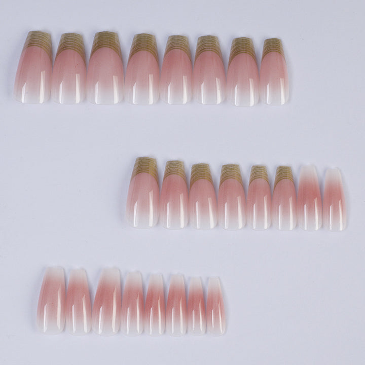 Acrylic Nail Set with Elegant Ombre Design and Golden Accents Bowlift