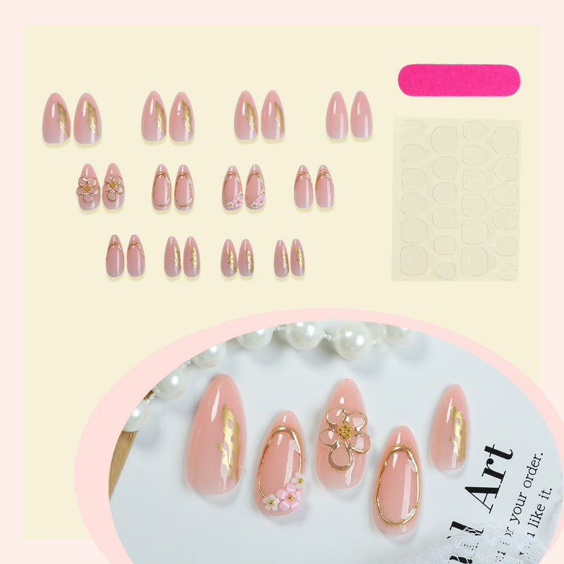 Decorative Press-On Nail Art Set with Elegant Floral and Gold Accents Bowlift