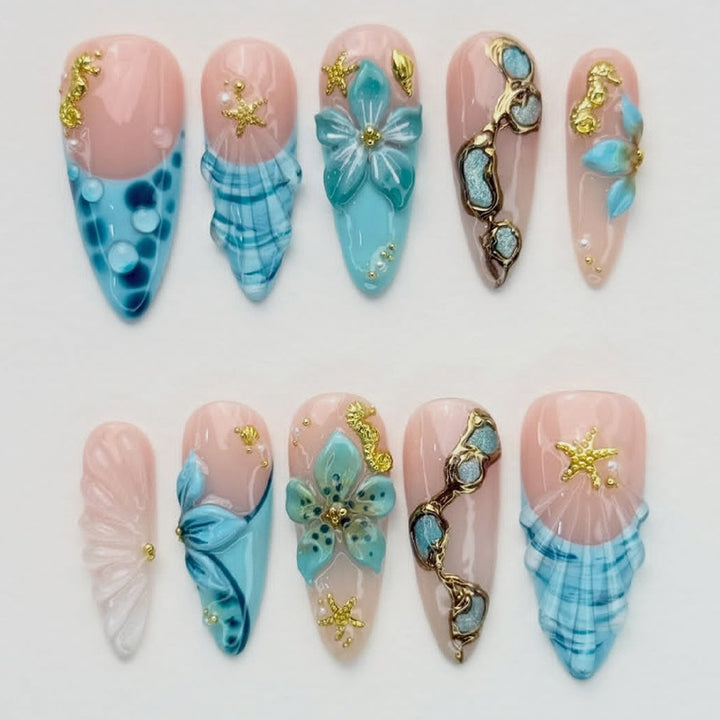 Premium Artistic Press-On Nail Set with Decorative Ocean-Inspired Designs Bowlift