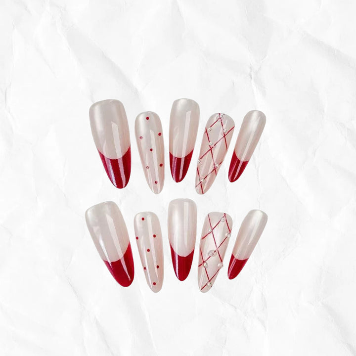 Elegant Artificial Nail Set with Stylish Red Accents Bowlift