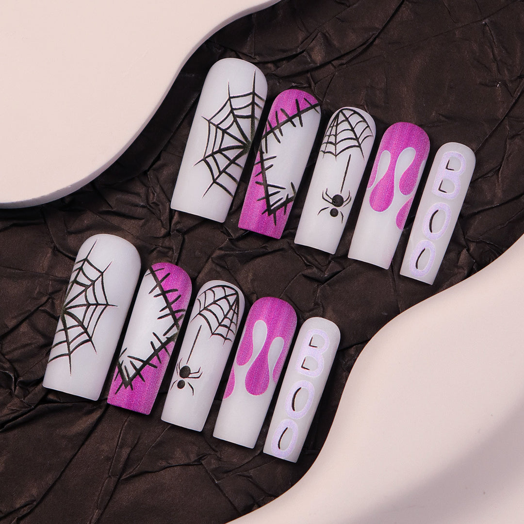 Halloween-Themed Long Press-On Nails with Spider and Drip Design Bowlift
